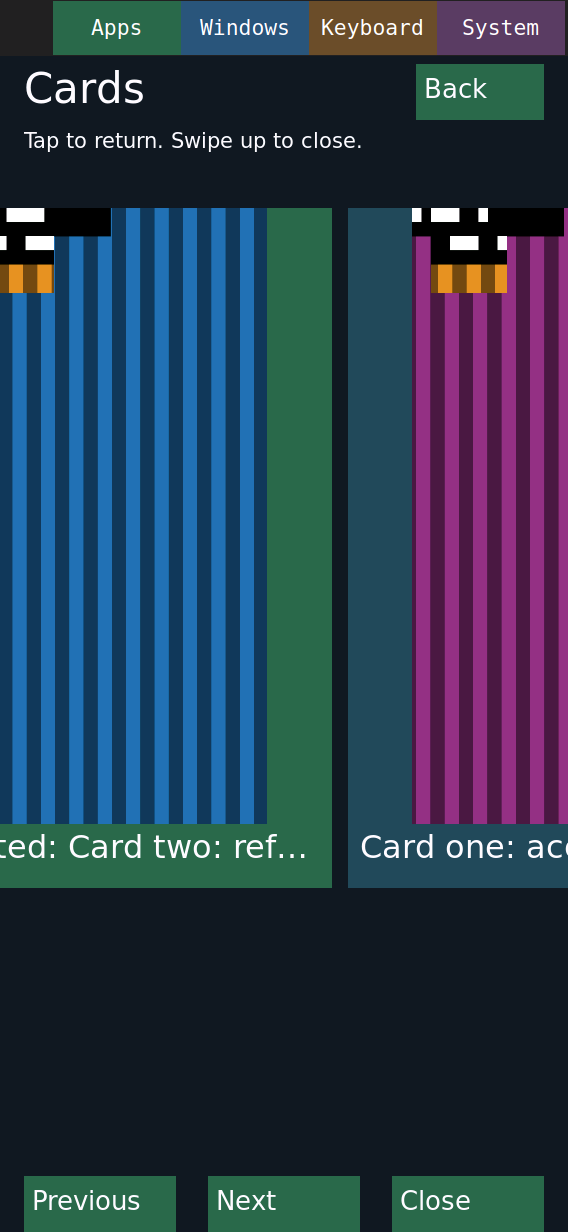 Two synthetic app surfaces visible in the live card deck during an injected held drag